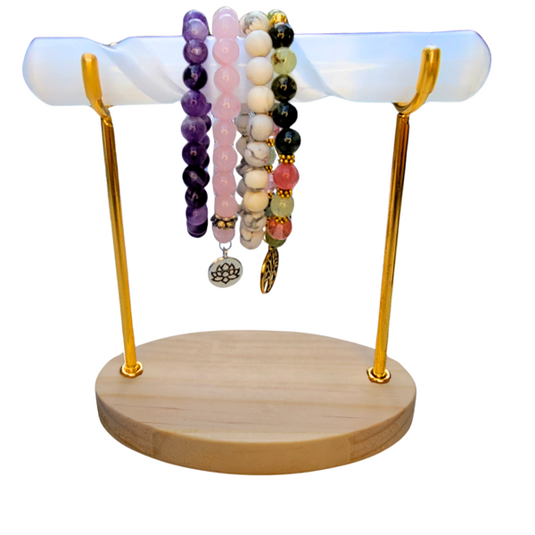 Selenite Bracelet Holder Stand, Spiral Selenite Charging, Cleansing Crystal Bracelet Display Stand, Gold Oval Shape