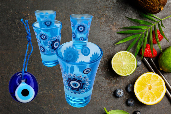 Evil Eye Blue Shot Glasses Set of 2, 1oz Shot Glasses Set With Glass Handmade Turkish Nazar Amulet Protection Charm Wall Hanging, Unique Shot Glass Set Gift Boxed