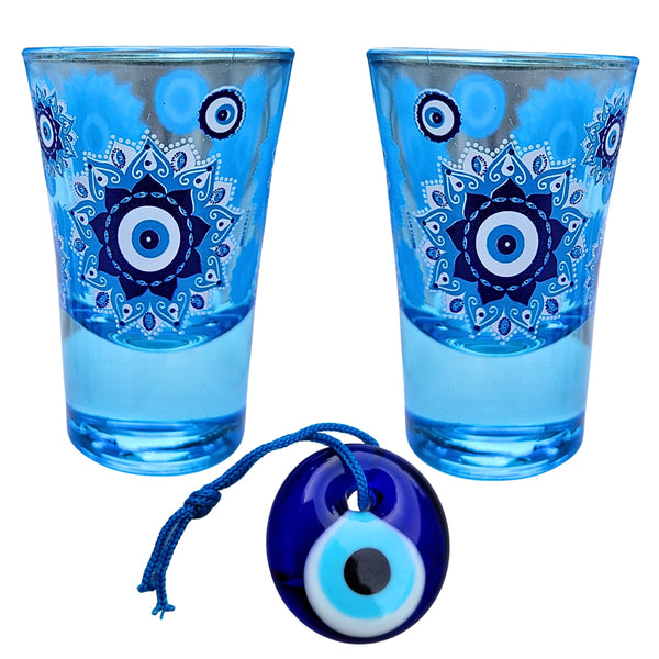 Evil Eye Blue Shot Glasses Set of 2, 1oz Shot Glasses Set With Glass Handmade Turkish Nazar Amulet Protection Charm Wall Hanging, Unique Shot Glass Set Gift Boxed