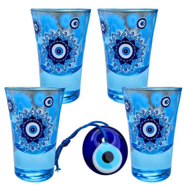 Evil Eye Blue Shot Glasses Set of 2, 1oz Shot Glasses Set With Glass Handmade Turkish Nazar Amulet Protection Charm Wall Hanging, Unique Shot Glass Set Gift Boxed