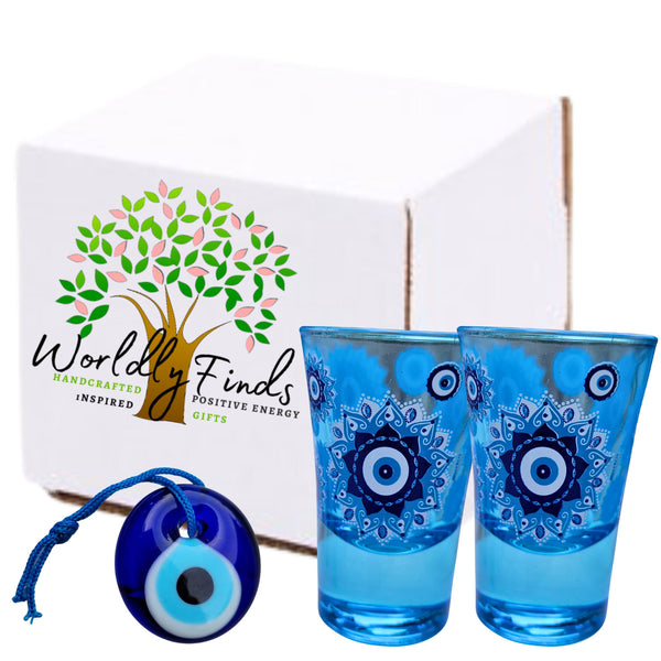 Evil Eye Blue Shot Glasses Set of 2, 1oz Shot Glasses Set With Glass Handmade Turkish Nazar Amulet Protection Charm Wall Hanging, Unique Shot Glass Set Gift Boxed