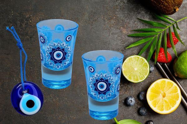 Evil Eye Blue Shot Glasses Set of 2, 1oz Shot Glasses Set With Glass Handmade Turkish Nazar Amulet Protection Charm Wall Hanging, Unique Shot Glass Set Gift Boxed