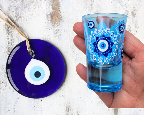 Evil Eye Blue Shot Glasses Set of 2, 1oz Shot Glasses Set With Glass Handmade Turkish Nazar Amulet Protection Charm Wall Hanging, Unique Shot Glass Set Gift Boxed