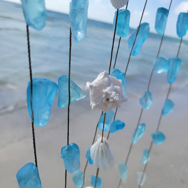 Blue Sea Glass Hanging Wind Chimes Wall Art, Handcrafted with Natural Seashells & Blue Seaglass, Driftwood Ocean Decor Shell Glass Windchime