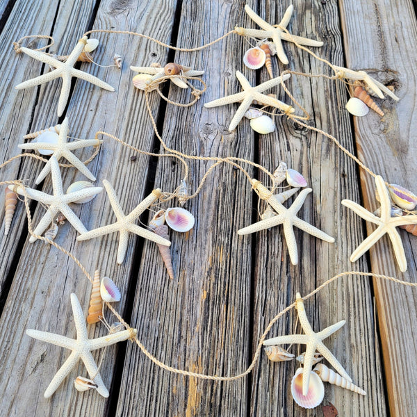 Beach Garland Seashell & 12 Pc Real Starfish Garland 10ft+ (120"), Coastal Christmas Decor, Nautical Decor, Beach Theme Party Decorations