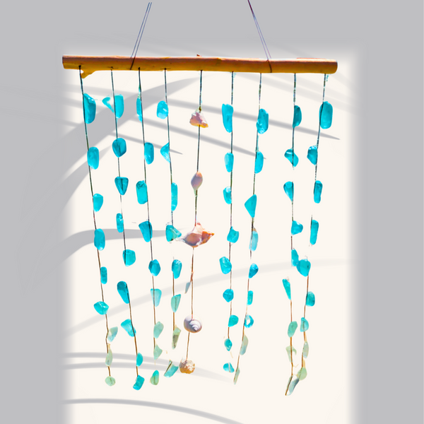 Blue Sea Glass Hanging Wind Chimes Wall Art, Handcrafted with Natural Seashells & Blue Seaglass & Driftwood