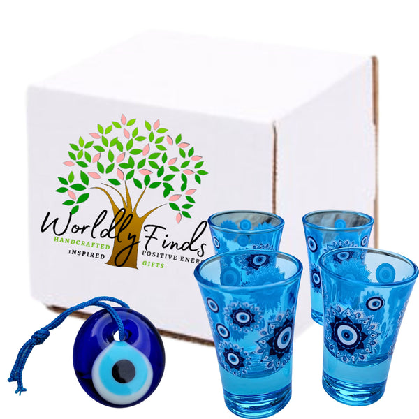 Evil Eye Blue Shot Glasses Set of 2, 1oz Shot Glasses Set With Glass Handmade Turkish Nazar Amulet Protection Charm Wall Hanging, Unique Shot Glass Set Gift Boxed