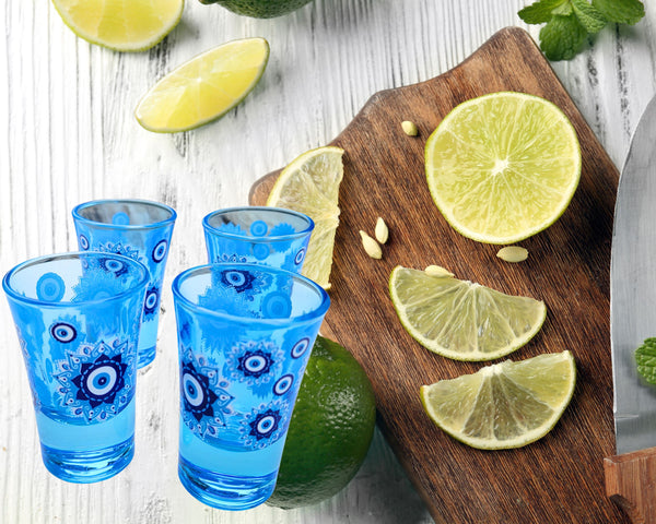 Evil Eye Blue Shot Glasses Set of 2, 1oz Shot Glasses Set With Glass Handmade Turkish Nazar Amulet Protection Charm Wall Hanging, Unique Shot Glass Set Gift Boxed